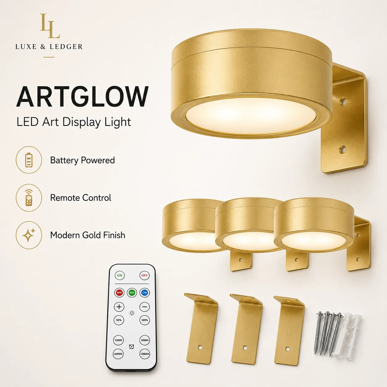 Gold LED wall light fixture with remote control and mounting hardware on a white background, featuring Luxe & Ledger branding.