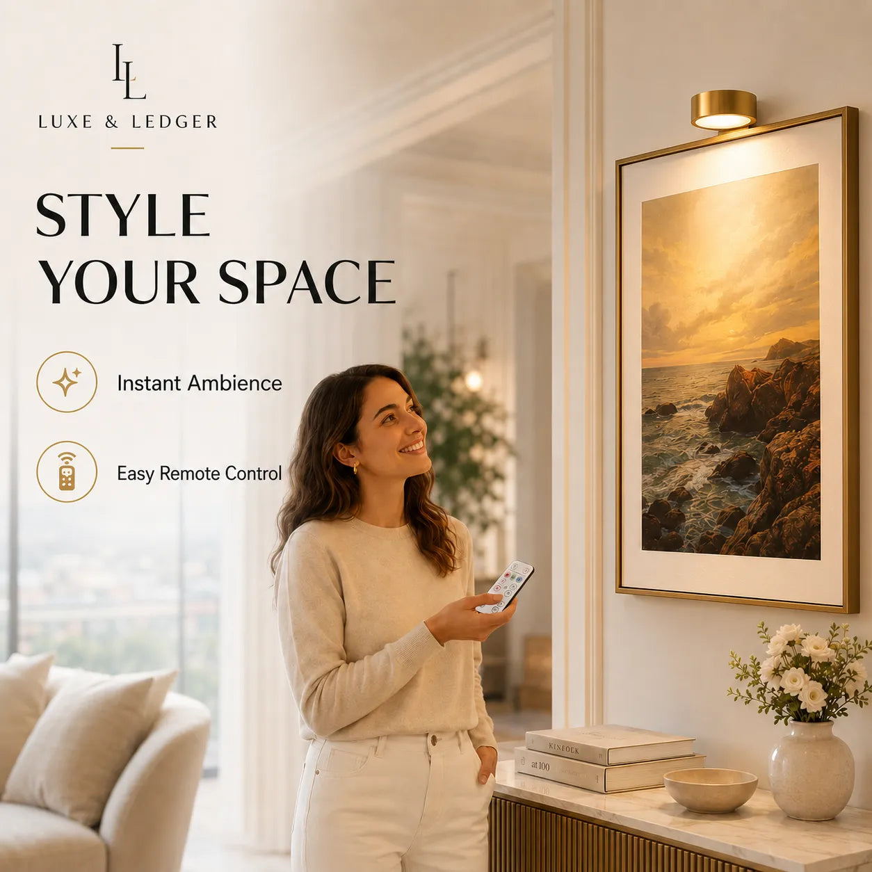 Woman in a modern living room with a framed artwork, holding a phone, and the Luxe & Ledger brand displayed.