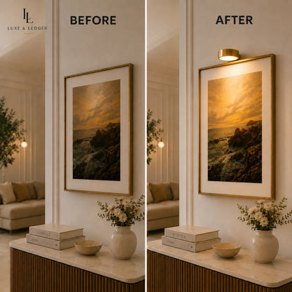 Before and after comparison of a framed artwork in a living room setting.