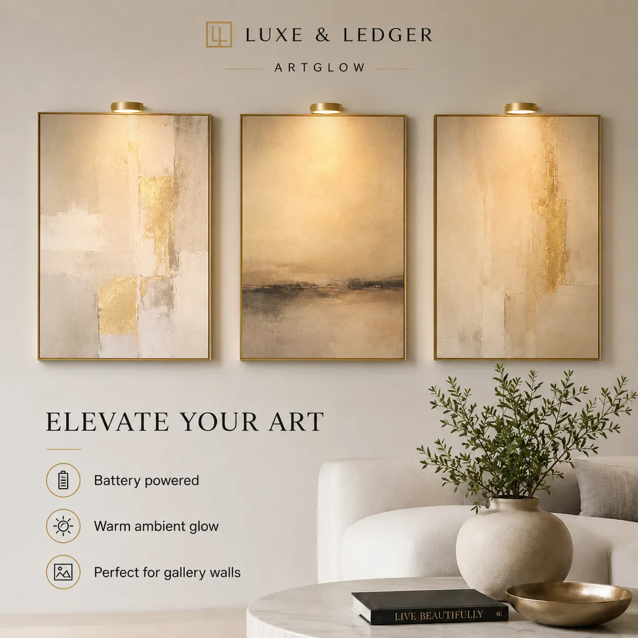 Three wall-mounted lights with abstract designs on a wall, featuring the brand 'Luxe & Ledger'.