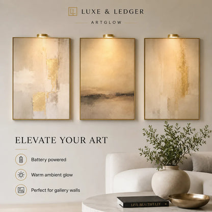 Three wall-mounted lights with abstract designs on a wall, featuring the brand 'Luxe & Ledger'.