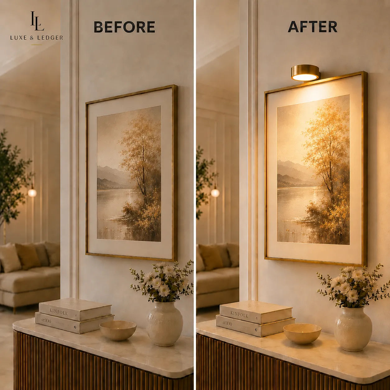 Before and after comparison of a framed artwork in a living room setting.