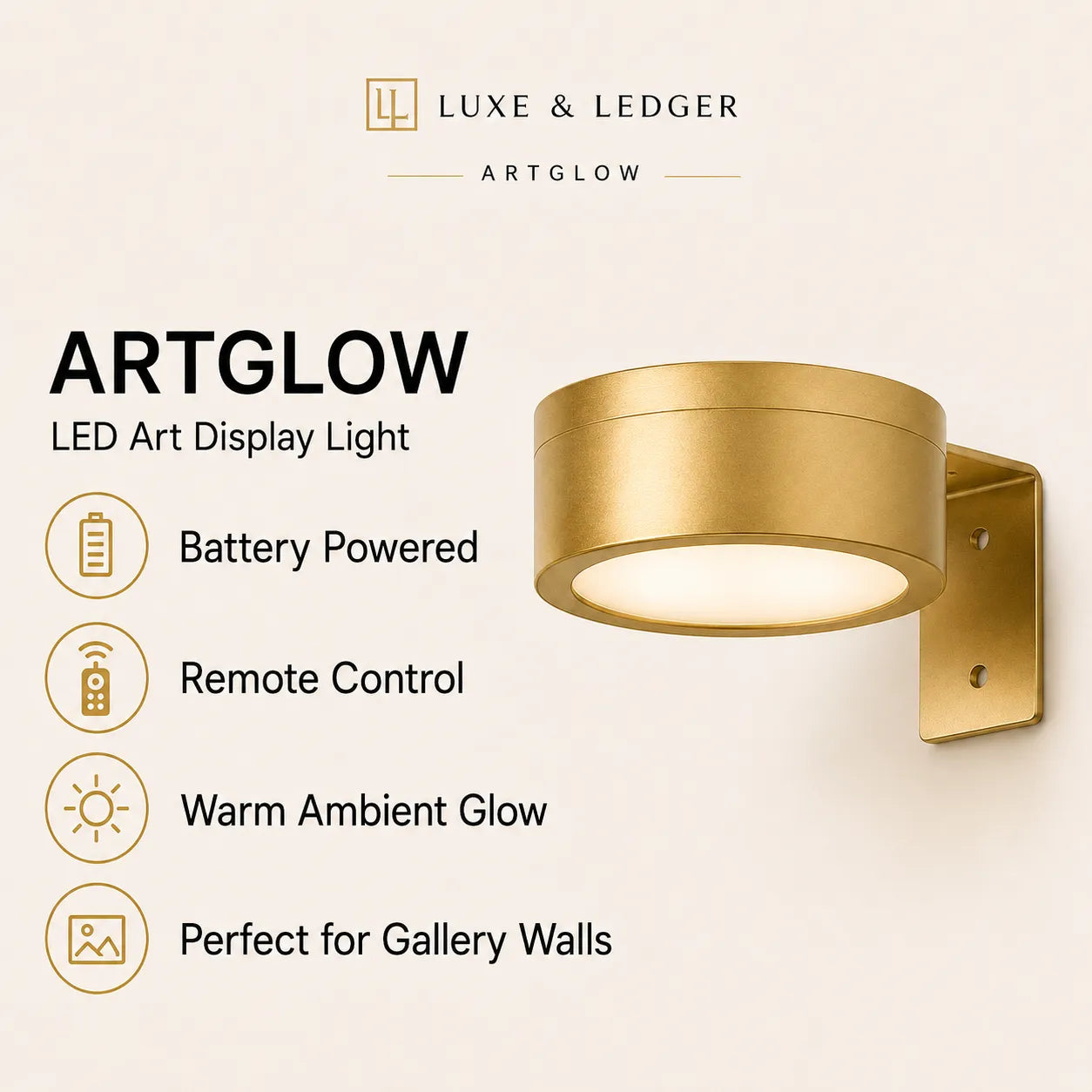 Gold LED art display light with features listed on a beige background