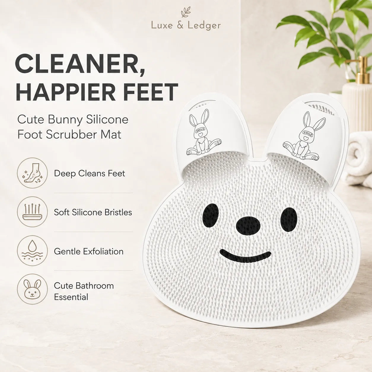 Cute bunny silicone foot scrubber mat with branding and product features on a light background