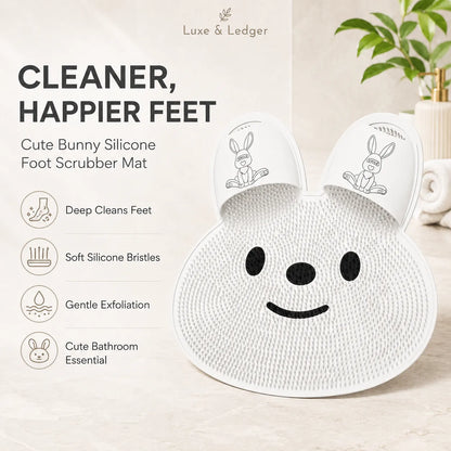 Cute bunny silicone foot scrubber mat with branding and product features on a light background