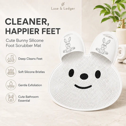 Cute bunny silicone foot scrubber mat with branding and product features on a light background