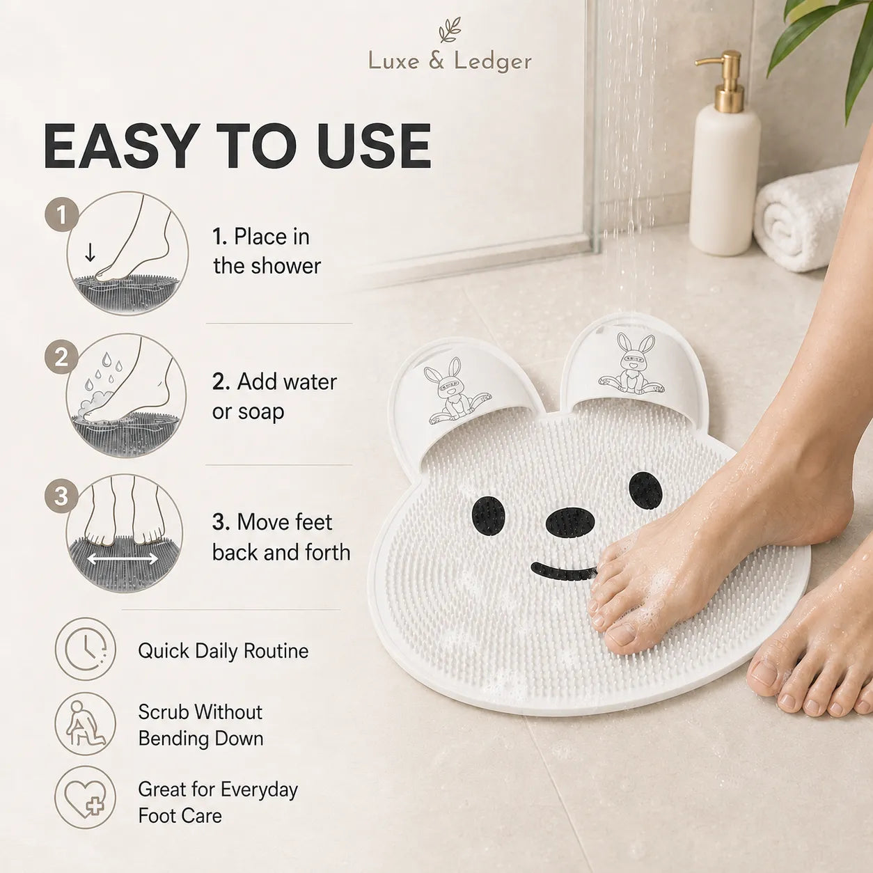 White foot scrubber with cartoon face on a bathroom floor, featuring Luxe & Ledger branding.