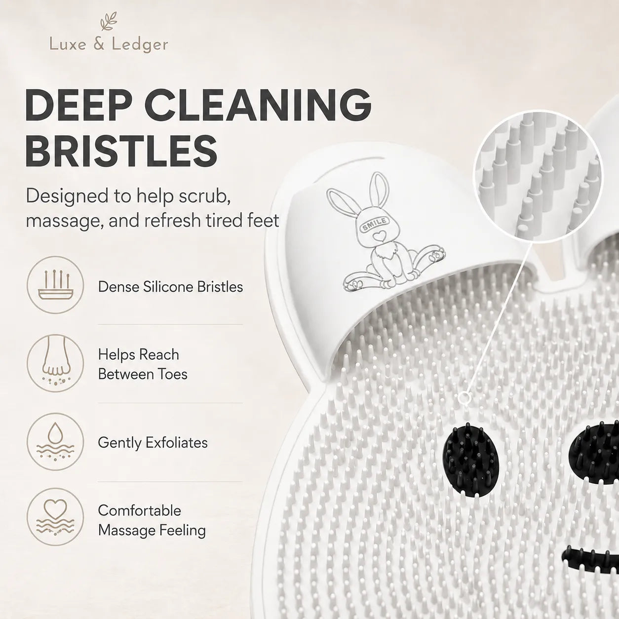 Foot scrubber with deep cleaning bristles and features listed on a light background