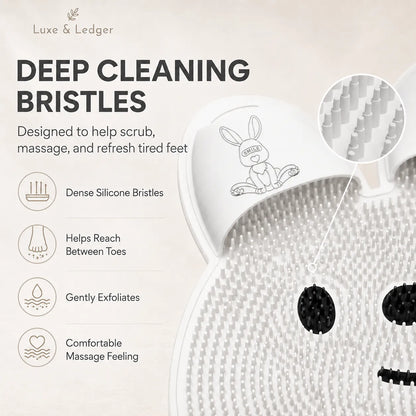 Foot scrubber with deep cleaning bristles and features listed on a light background
