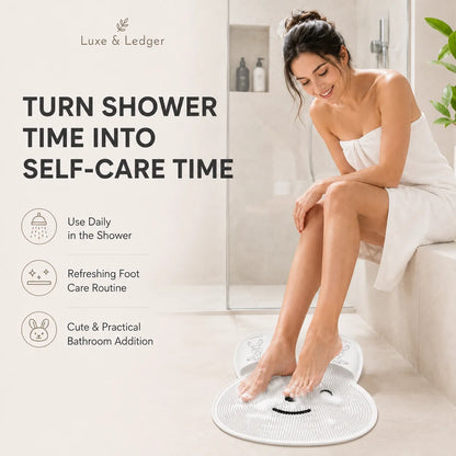 Woman using a foot mat in the shower with text promoting self-care and product features.