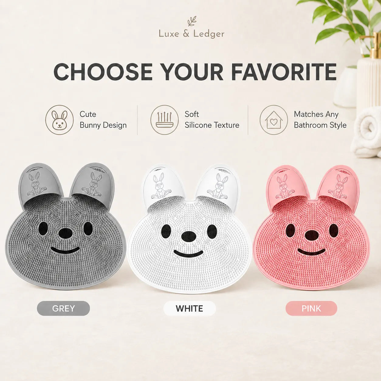 Three bunny-shaped slippers in grey, white, and pink with 'Luxe & Ledger' branding.