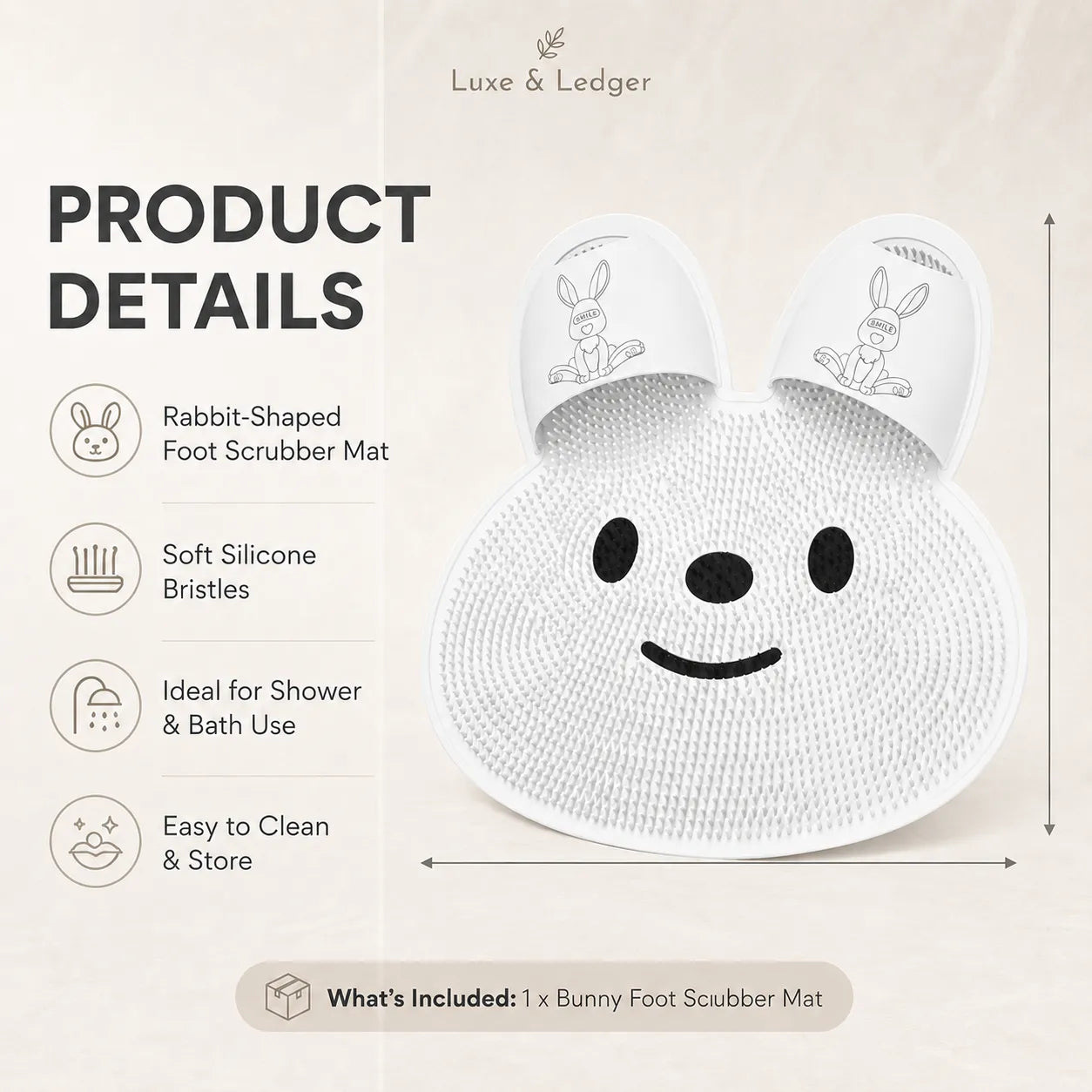 White rabbit-shaped foot scrubber mat with smiley face design on a beige background, featuring Luxe & Ledger branding.