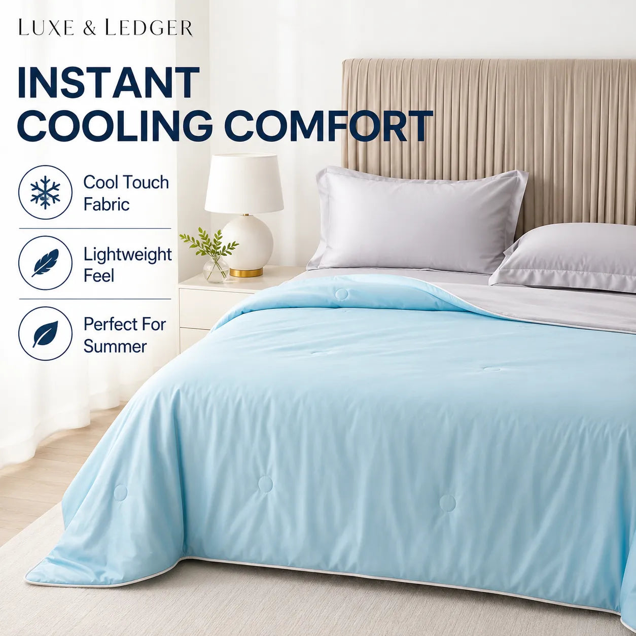 Bed with blue comforter and pillows, featuring Luxe & Ledger branding and product features.
