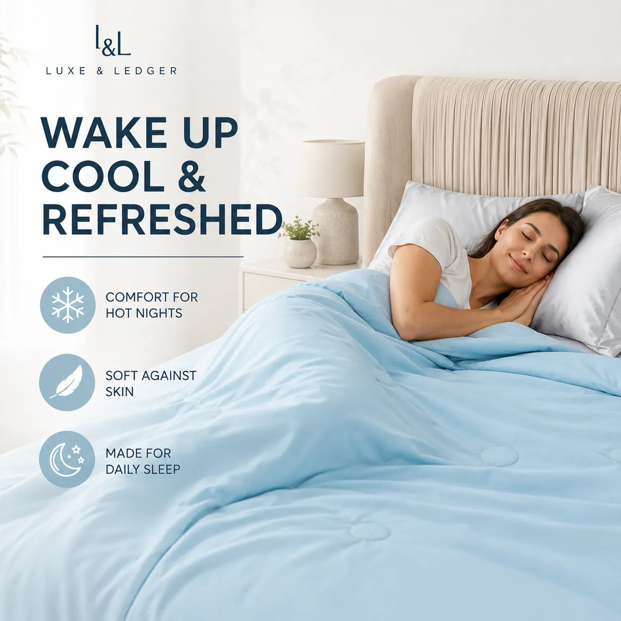 Woman sleeping under a light blue comforter with 'Luxe & Ledger' branding and product features listed.