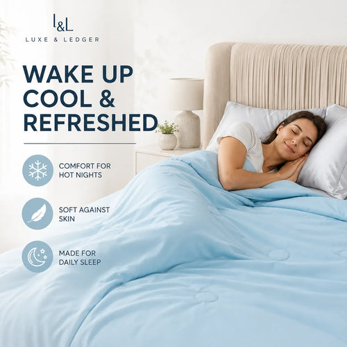 Woman sleeping under a light blue comforter with 'Luxe & Ledger' branding and product features listed.