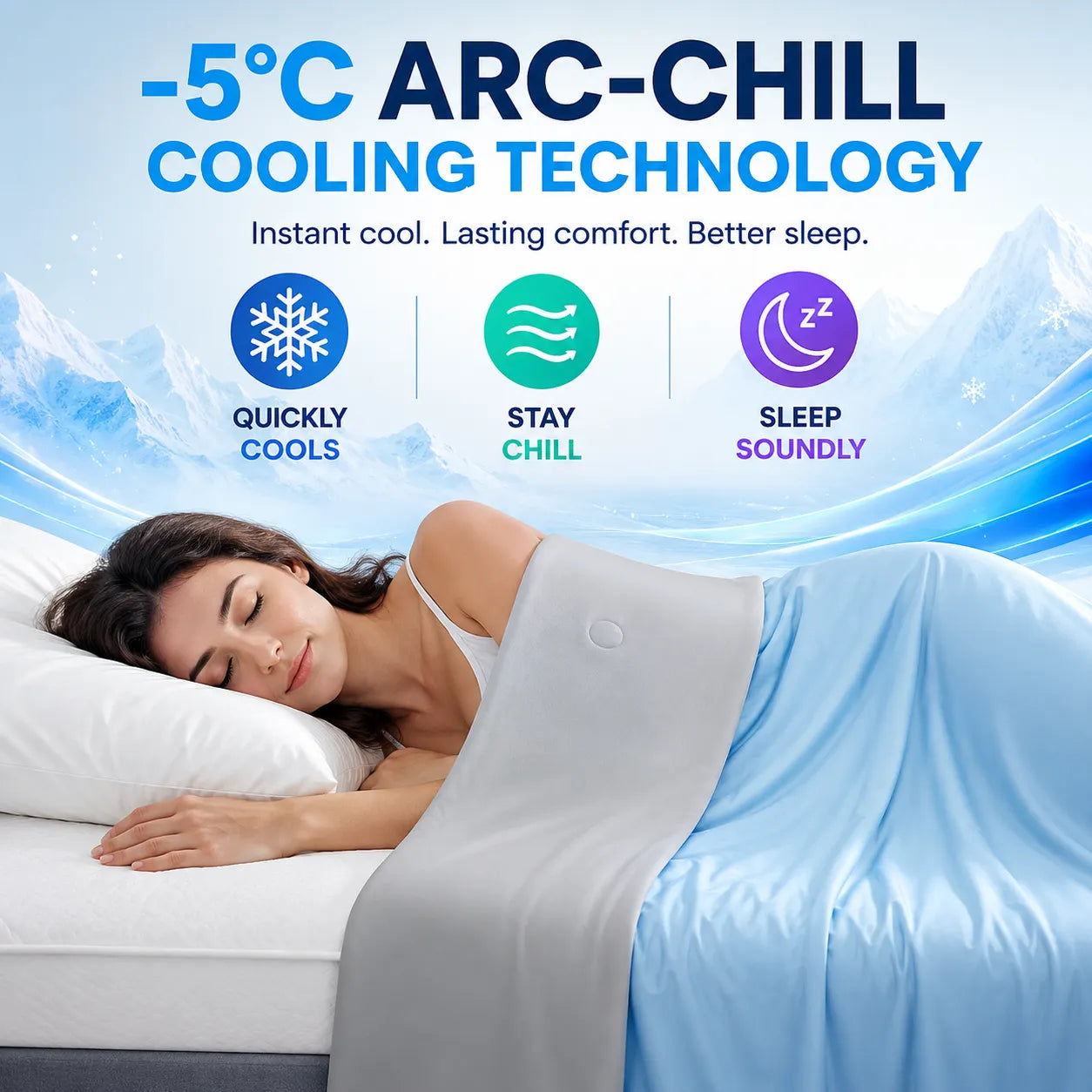 Woman sleeping under a cooling blanket with 'Arc-Chill' technology features displayed.