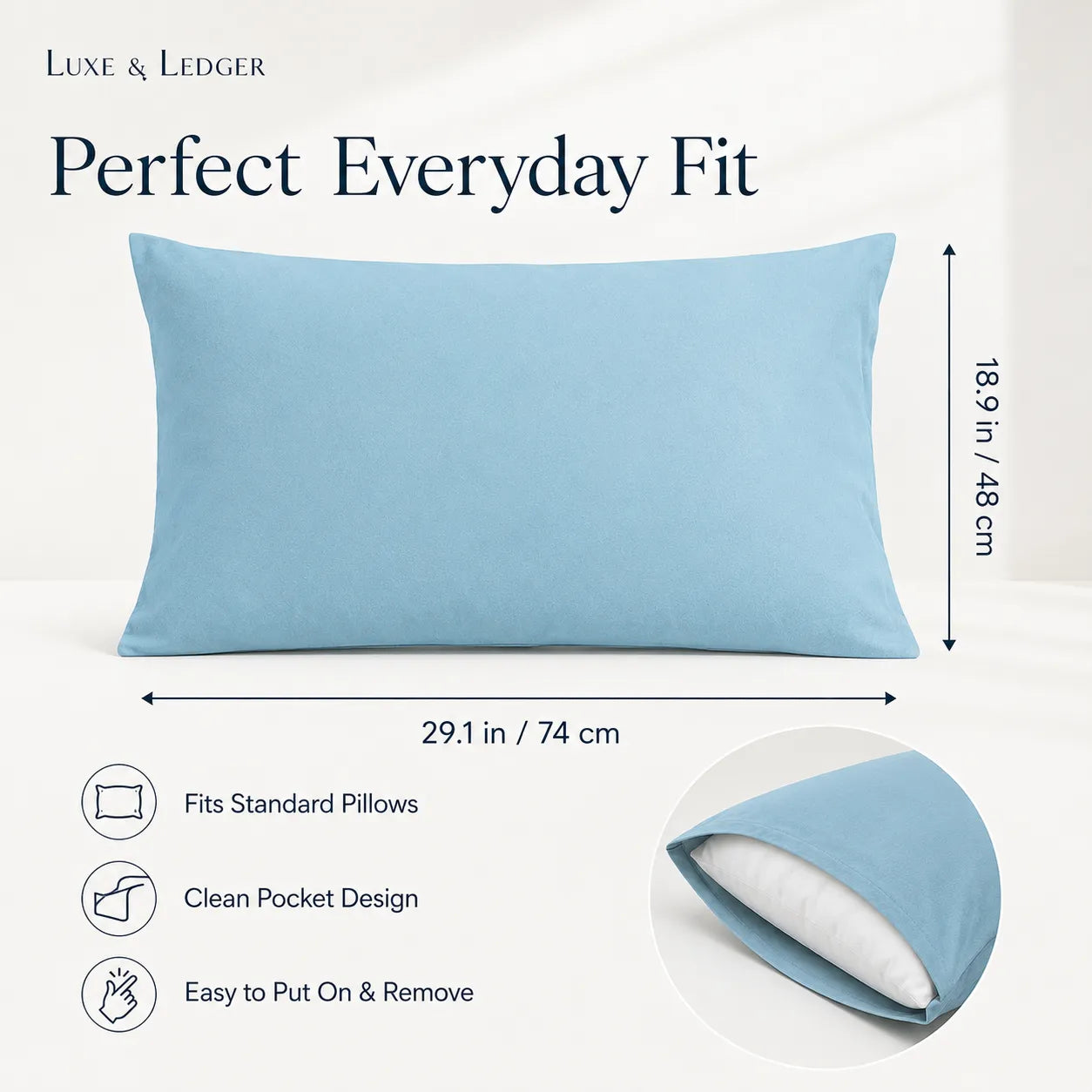 Blue pillow with measurements and features on a white background