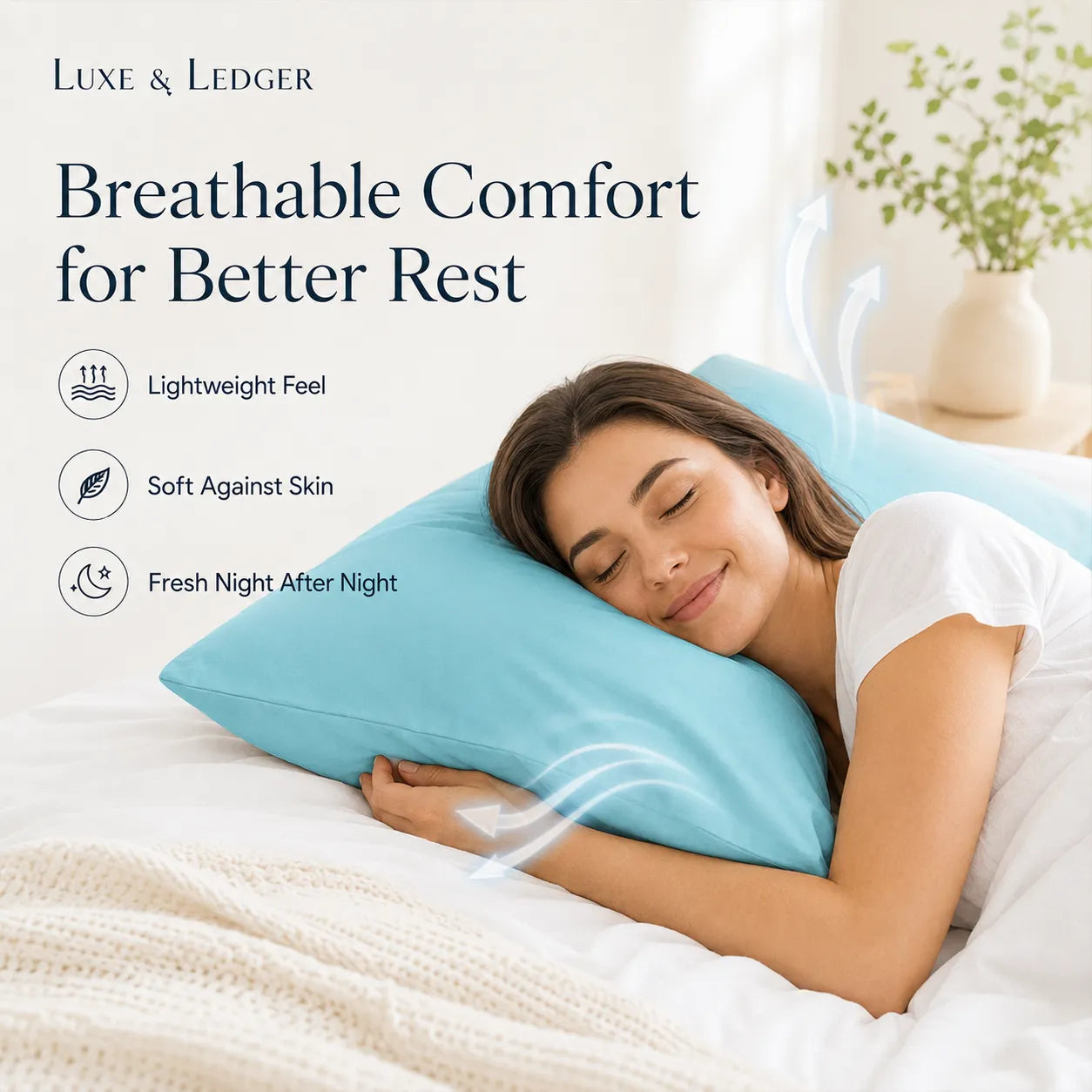 Woman sleeping with a blue pillow, promoting breathable comfort for better rest.