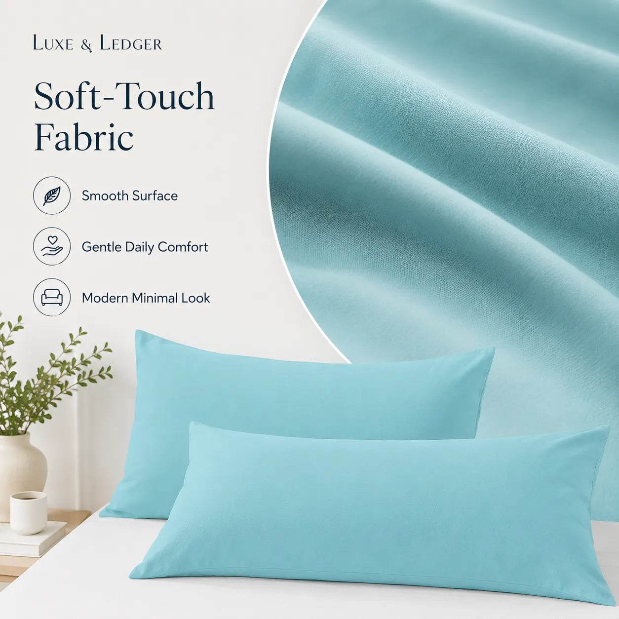 Two light blue pillows on a bed with 'Luxe & Ledger' branding and product features listed.
