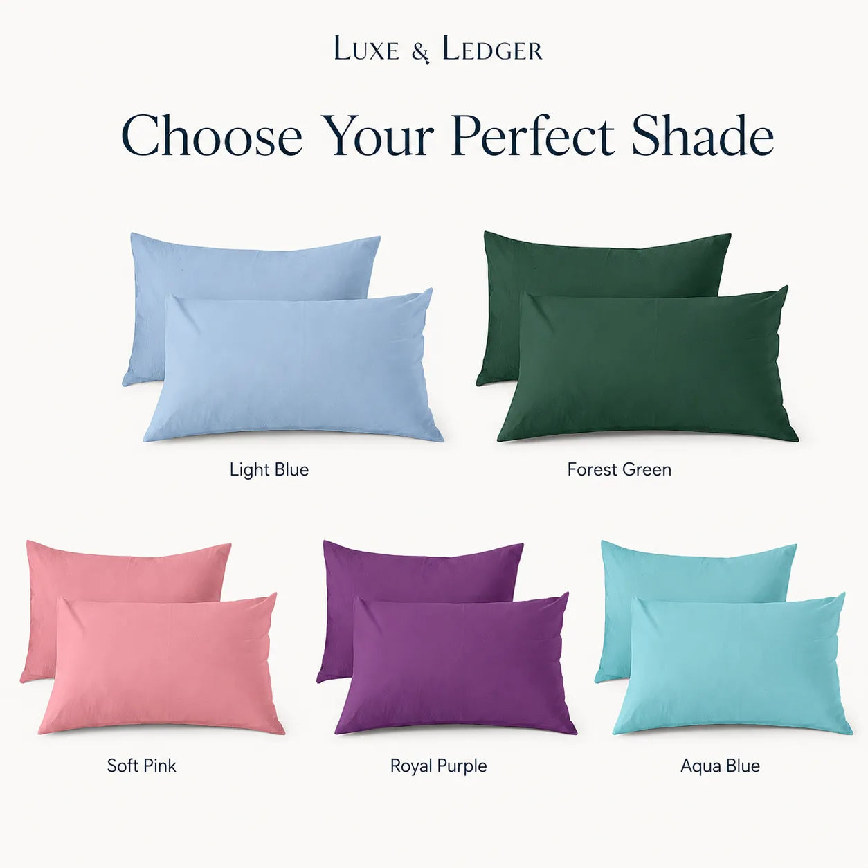 Color swatches of pillows in various colors with 'Luxe & Ledger' branding.