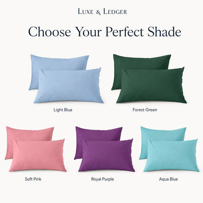 Color swatches of pillows in various colors with 'Luxe & Ledger' branding.