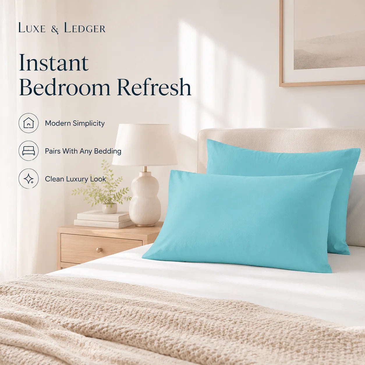Turquoise pillows on a bed with 'Luxe & Ledger' branding and product features listed.