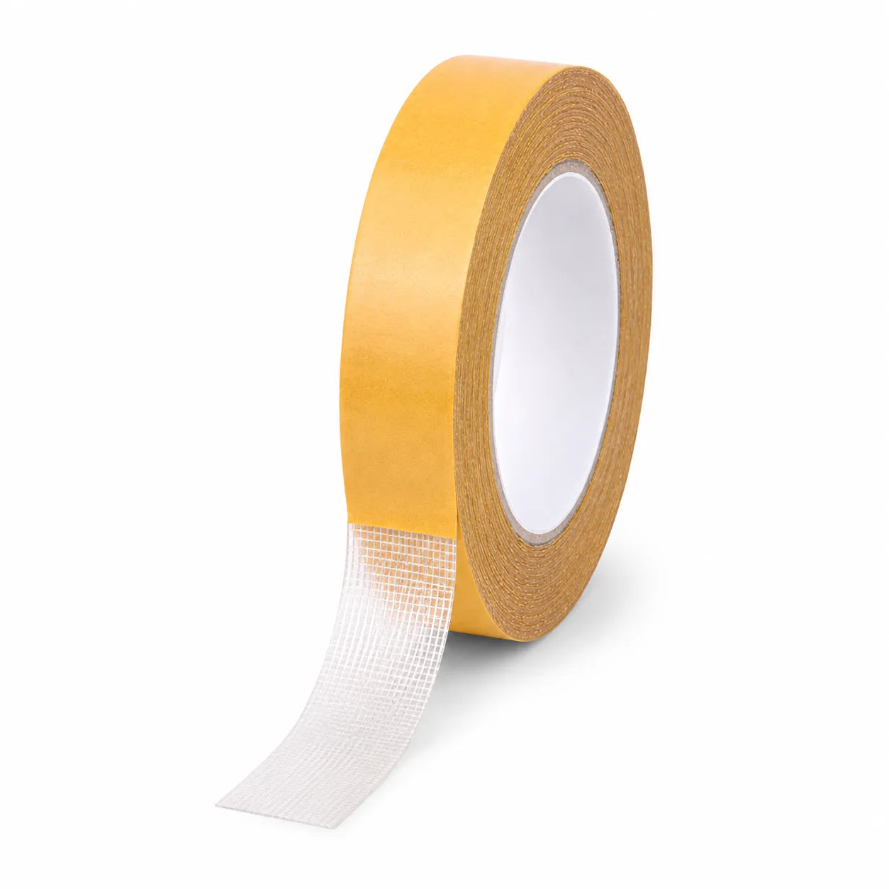 Roll of yellow tape with a white backing on a white background