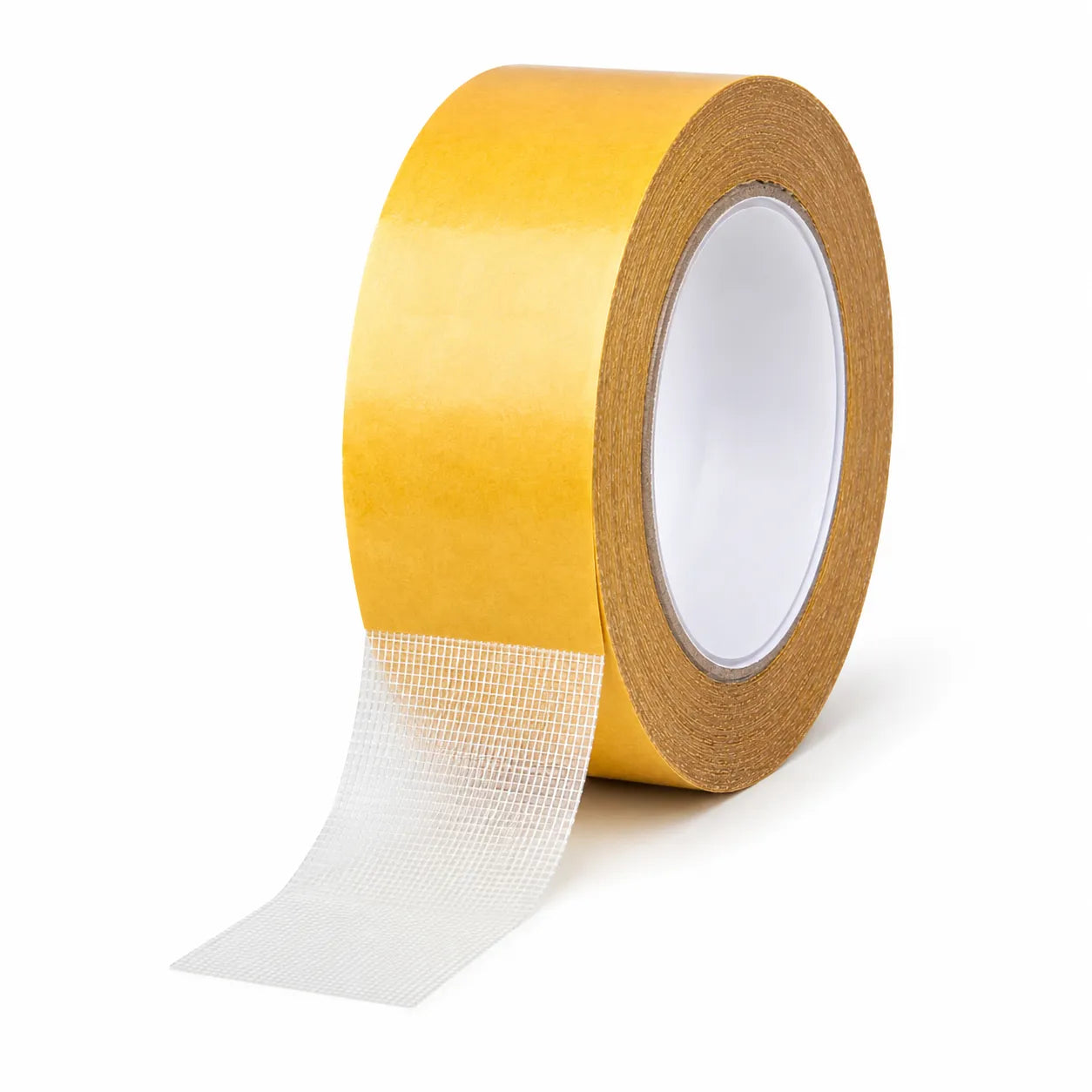 Roll of yellow tape with a white mesh backing on a white background