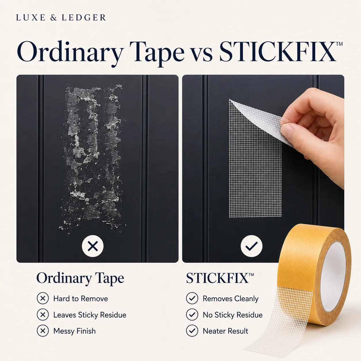 Comparison of Ordinary Tape and STICKFIX on a black surface with a hand applying STICKFIX.