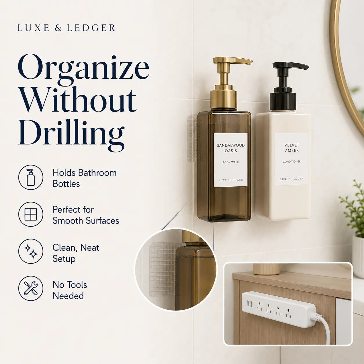 Bathroom wall organization system with bottles and text highlighting features.