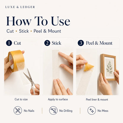 Instructions on how to use a product with cut, stick, peel, and mount steps.