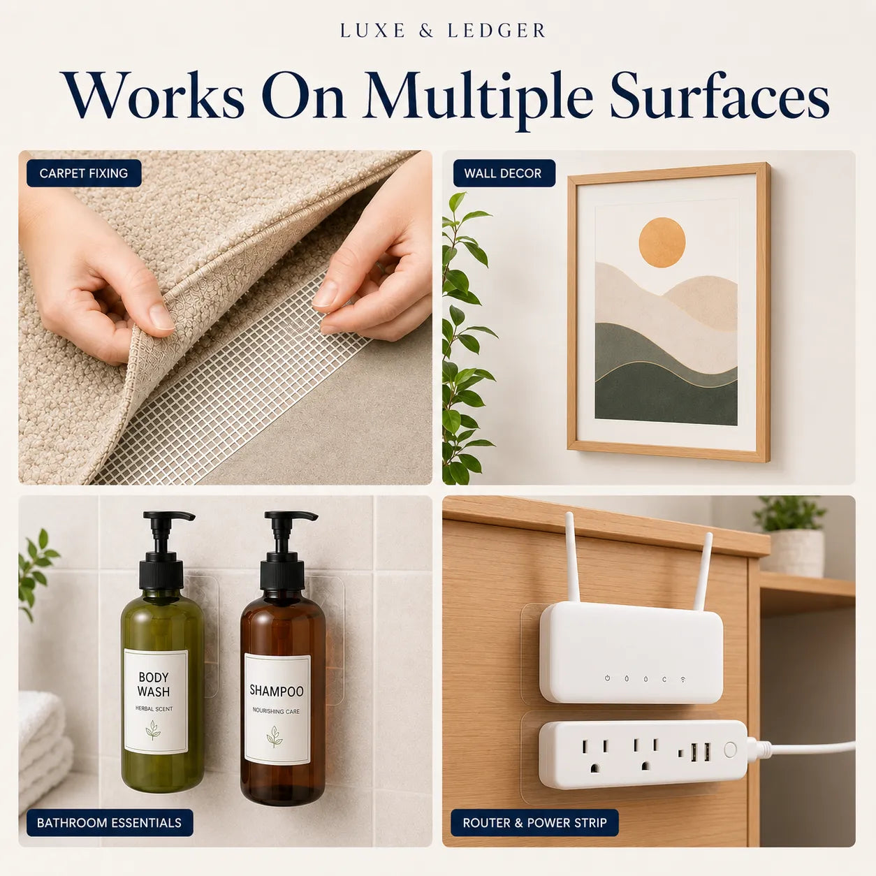 Collage of products and activities using 'Luxe & Ledger' product, including carpet fixing, wall decor, bathroom essentials, and router & power strip.