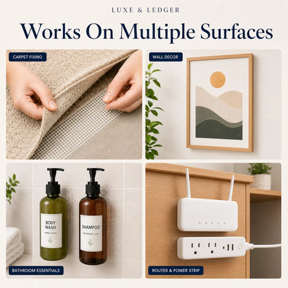 Collage of products and activities using 'Luxe & Ledger' product, including carpet fixing, wall decor, bathroom essentials, and router & power strip.