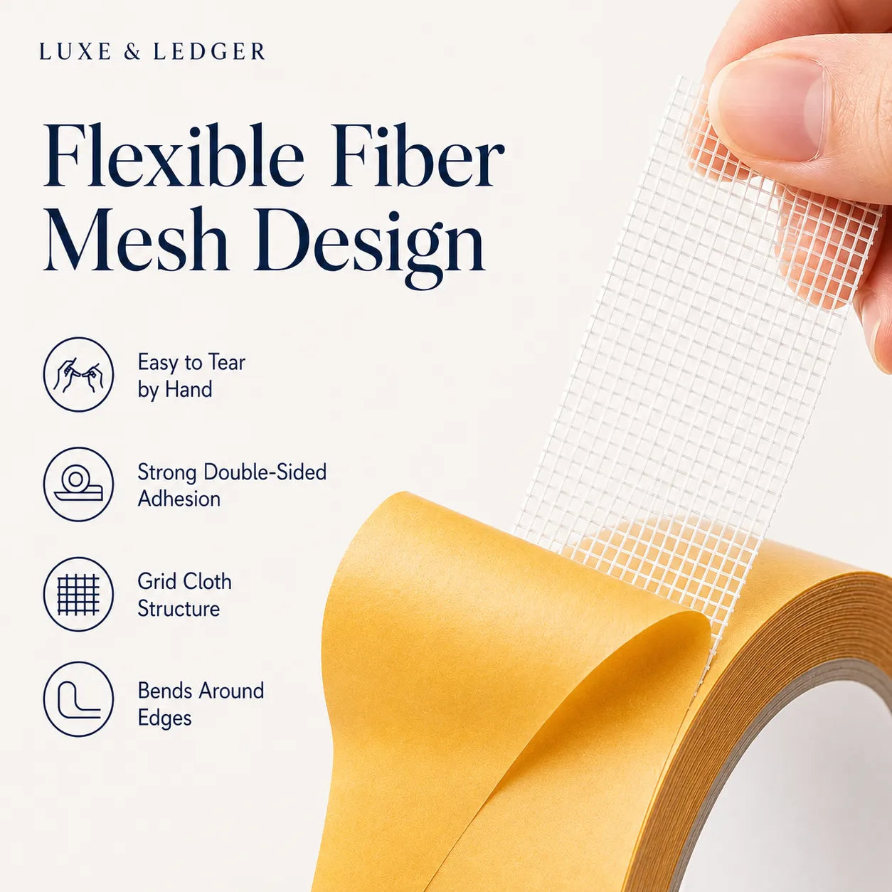 Roll of flexible fiber mesh tape with a hand holding it, featuring text on its benefits.