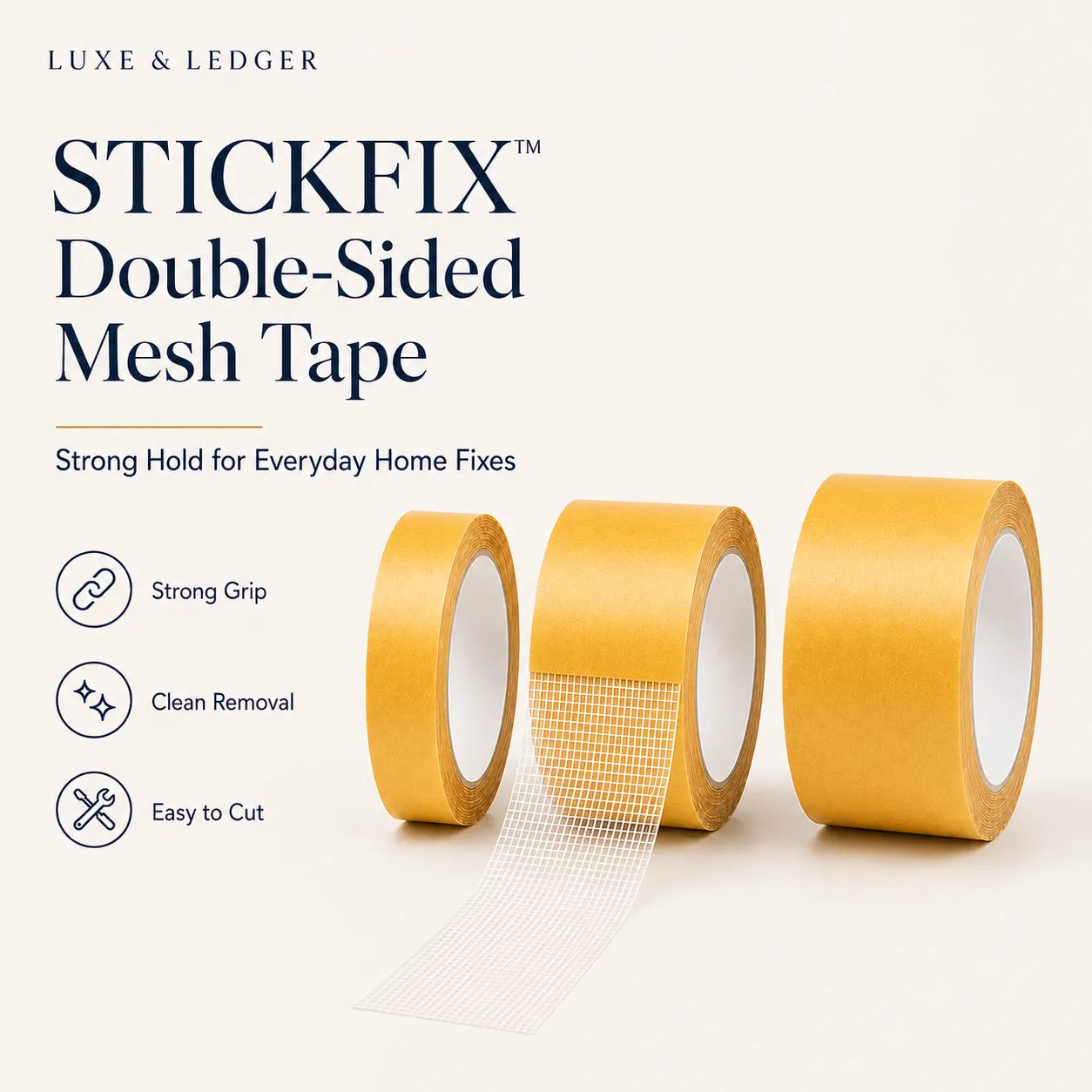 Three rolls of yellow double-sided mesh tape with branding and product features on a white background.