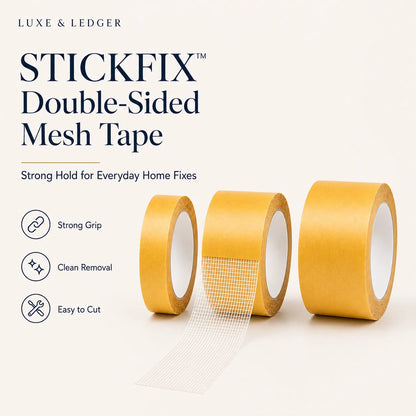 Three rolls of yellow double-sided mesh tape with branding and product features on a white background.