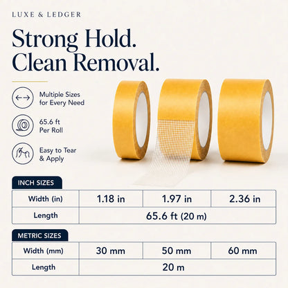 Three rolls of tape with specifications on a white background
