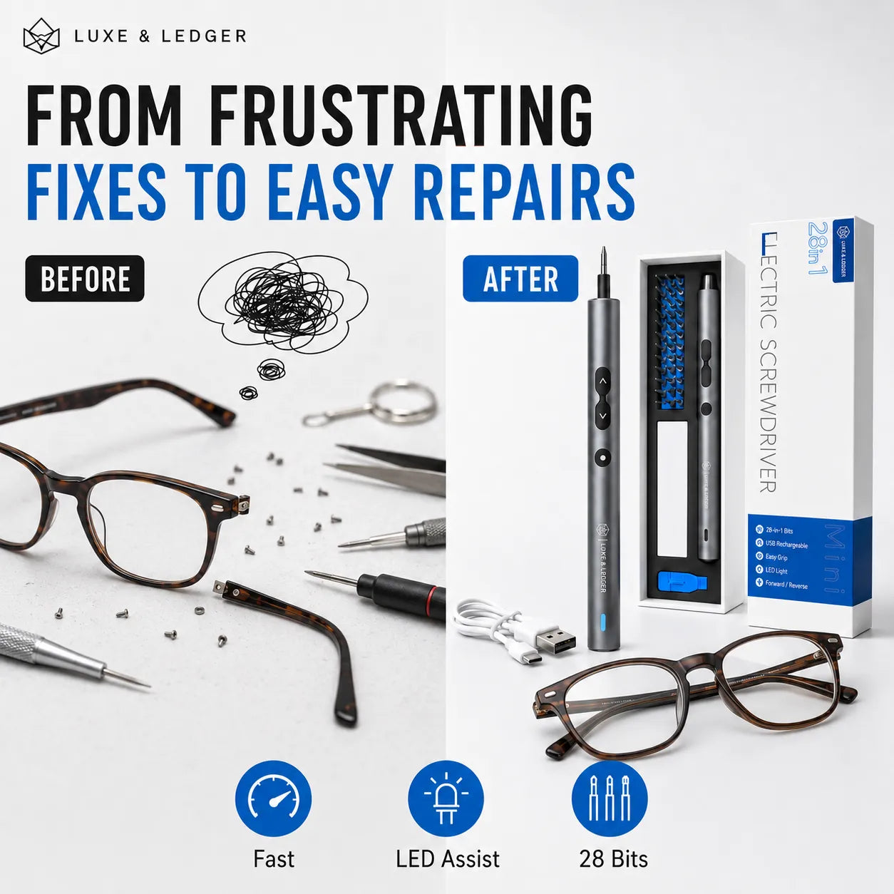 Electric screwdriver with packaging and eyeglasses before and after repair on a white background.