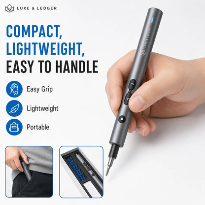 Hand holding a compact pen with features highlighted on a white background