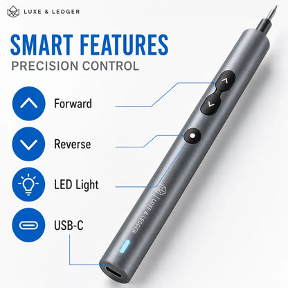 Gray electronic pen with control buttons and features labeled on a white background, branded 'Luxe & Ledger'.