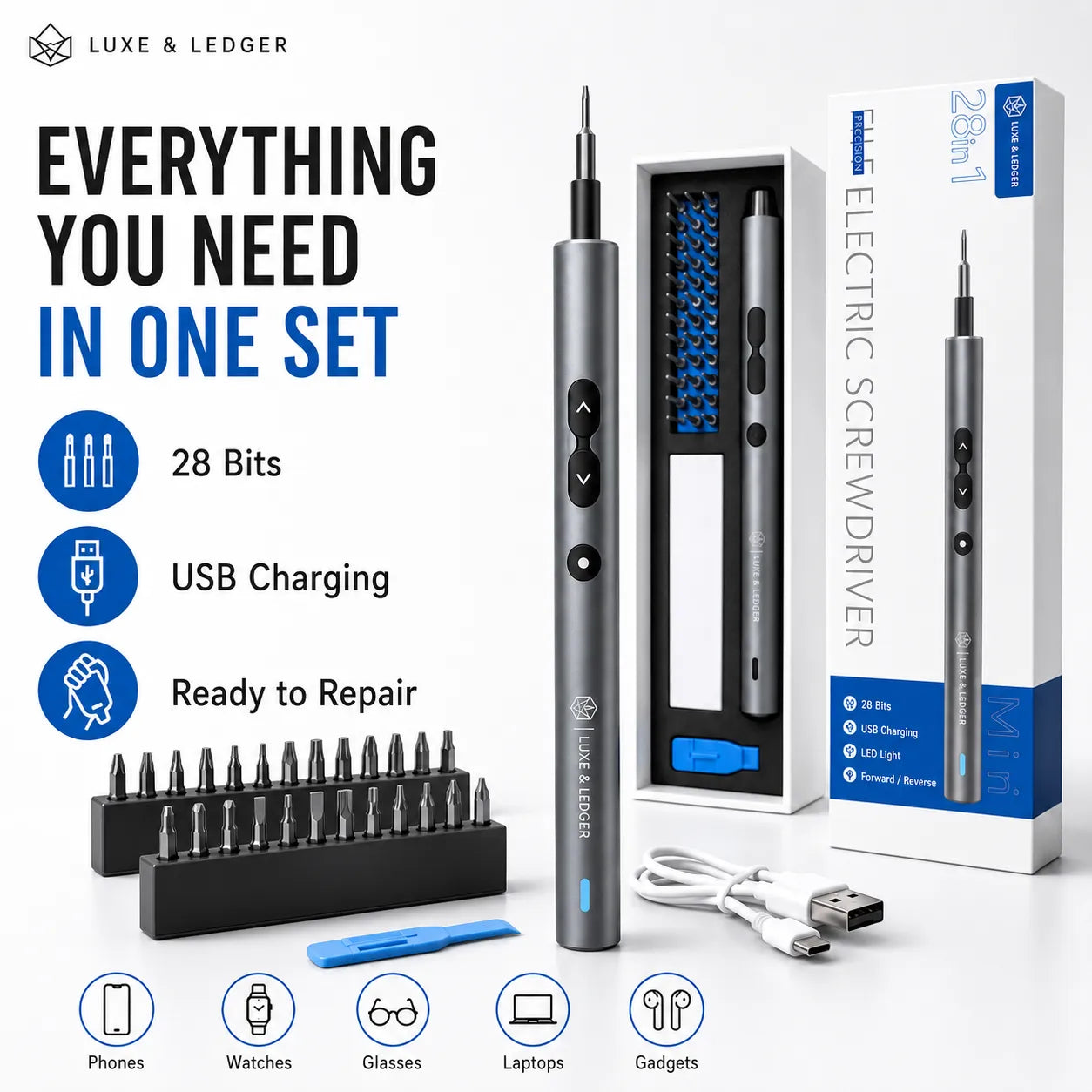 Electric screwdriver set with bits and charging cable, branded as Luxe & Ledger.