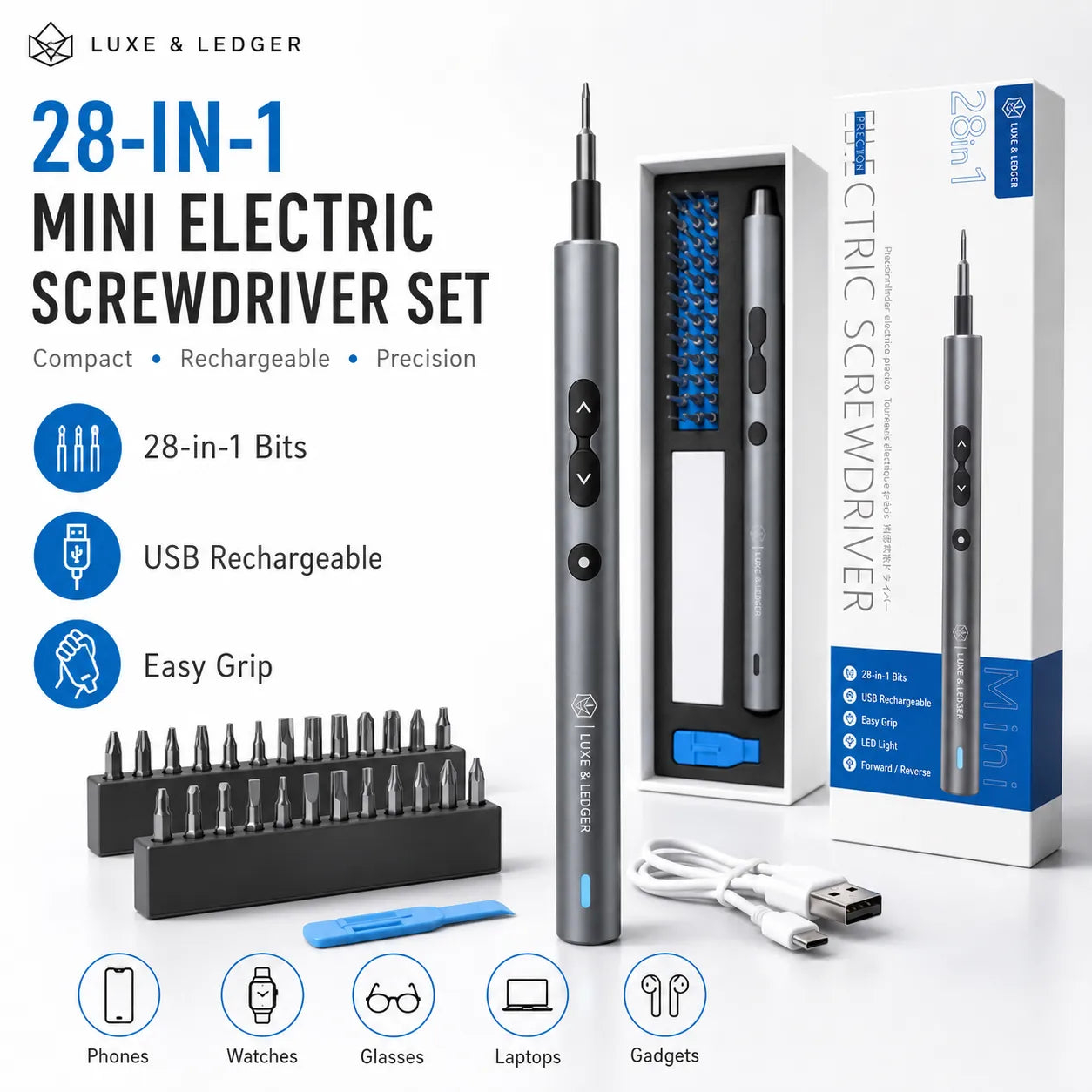 28-in-1 mini electric screwdriver set with packaging on a white background