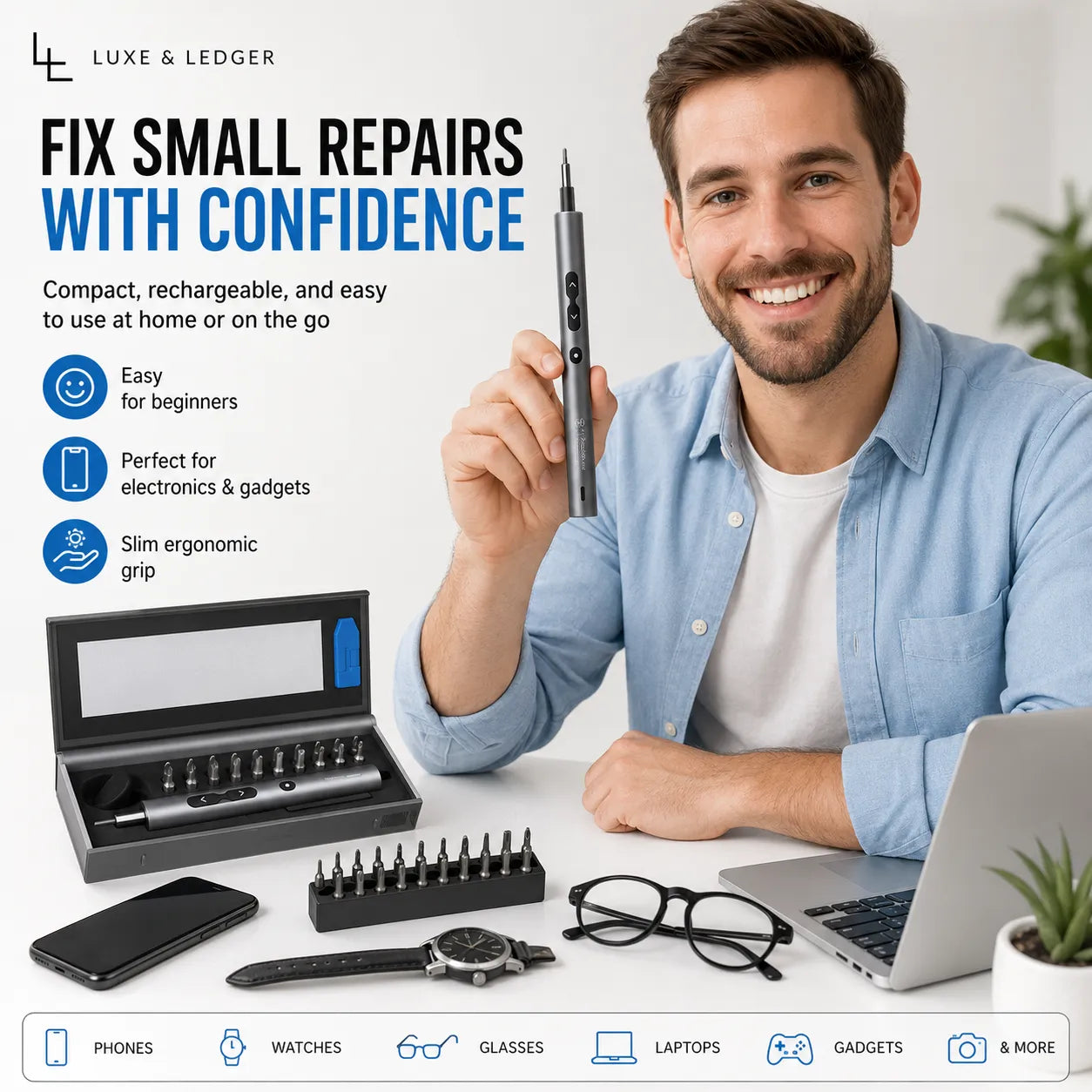 Man holding a small repair tool with product packaging and accessories on a desk, featuring Luxe & Ledger branding.