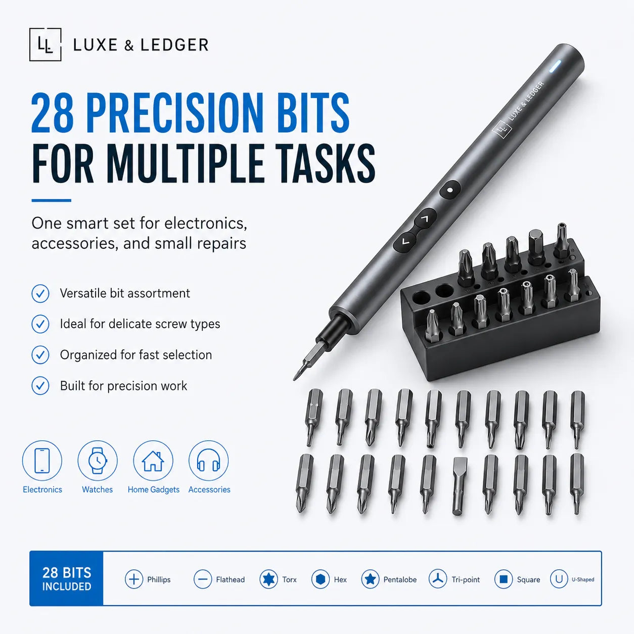 Luxe & Ledger precision bit set with tool and bits on a white background