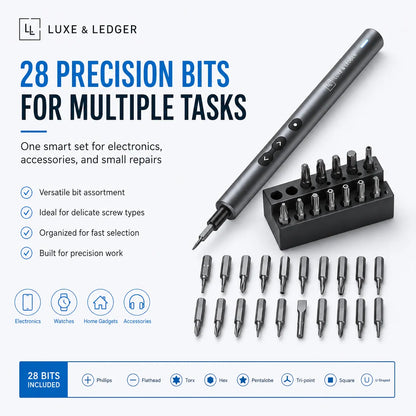 Luxe & Ledger precision bit set with tool and bits on a white background