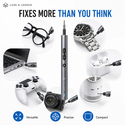 Product with various items it can repair on a white background, featuring the Luxe & Ledger brand.
