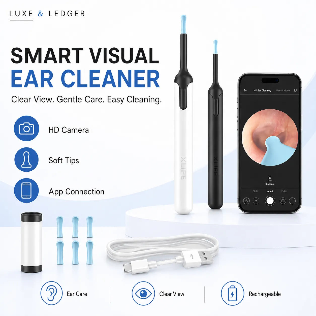 Smart visual ear cleaner with app on smartphone, HD camera, soft tips, and app connection features.