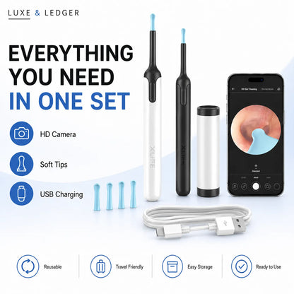 Ear cleaning tool set with smartphone app, HD camera, soft tips, USB charging cable, and features listed on a white background.