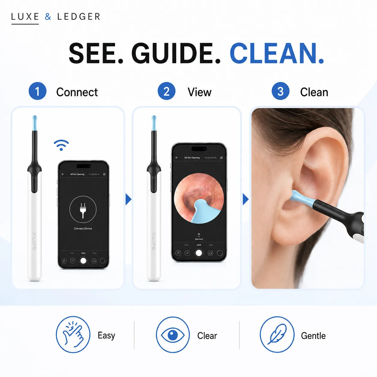 Ear cleaning device with smartphone app interface and ear inspection, branded 'Luxe & Ledger'.
