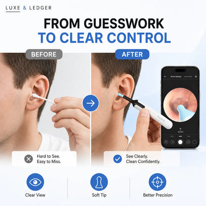 Product advertisement showing ear cleaning tool with smartphone app for ear health monitoring, labeled 'LUXE & LEDGER'.